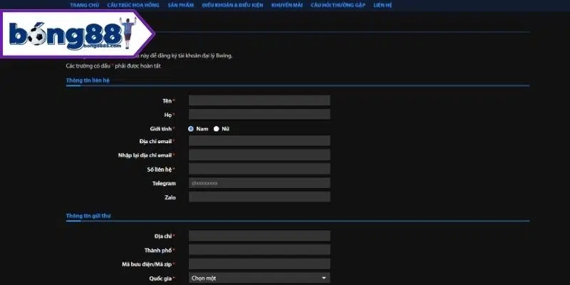Điền thông tin đăng ký đại lý Bong88