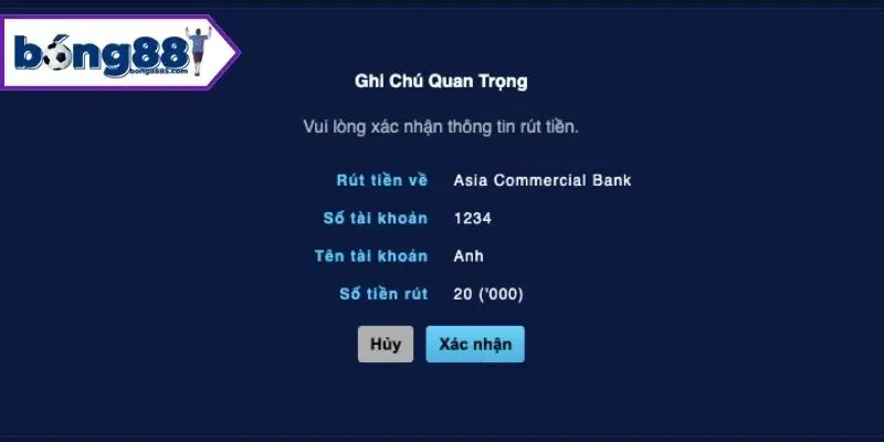 Hướng dẫn rút tiền Bong88 về tài khoản ngân hàng cá nhân Hoá đơn rút tiền Bong88